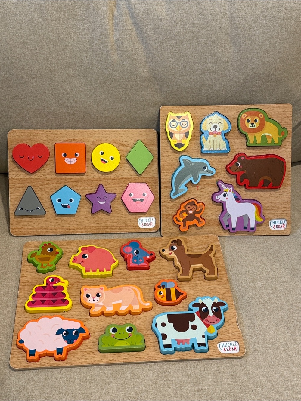 Bundle of Colorful Kids Wooden Puzzle Trio - Animal & Shape Peg Puzzles